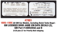 GM LICENSED DOOR JAMB VIN DATA DECALS #7900 #7901 #7902 #7903