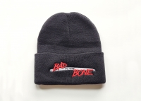 BAD TO THE BONE EMBROIDERED BEANIE BLACK KNIT HAT
